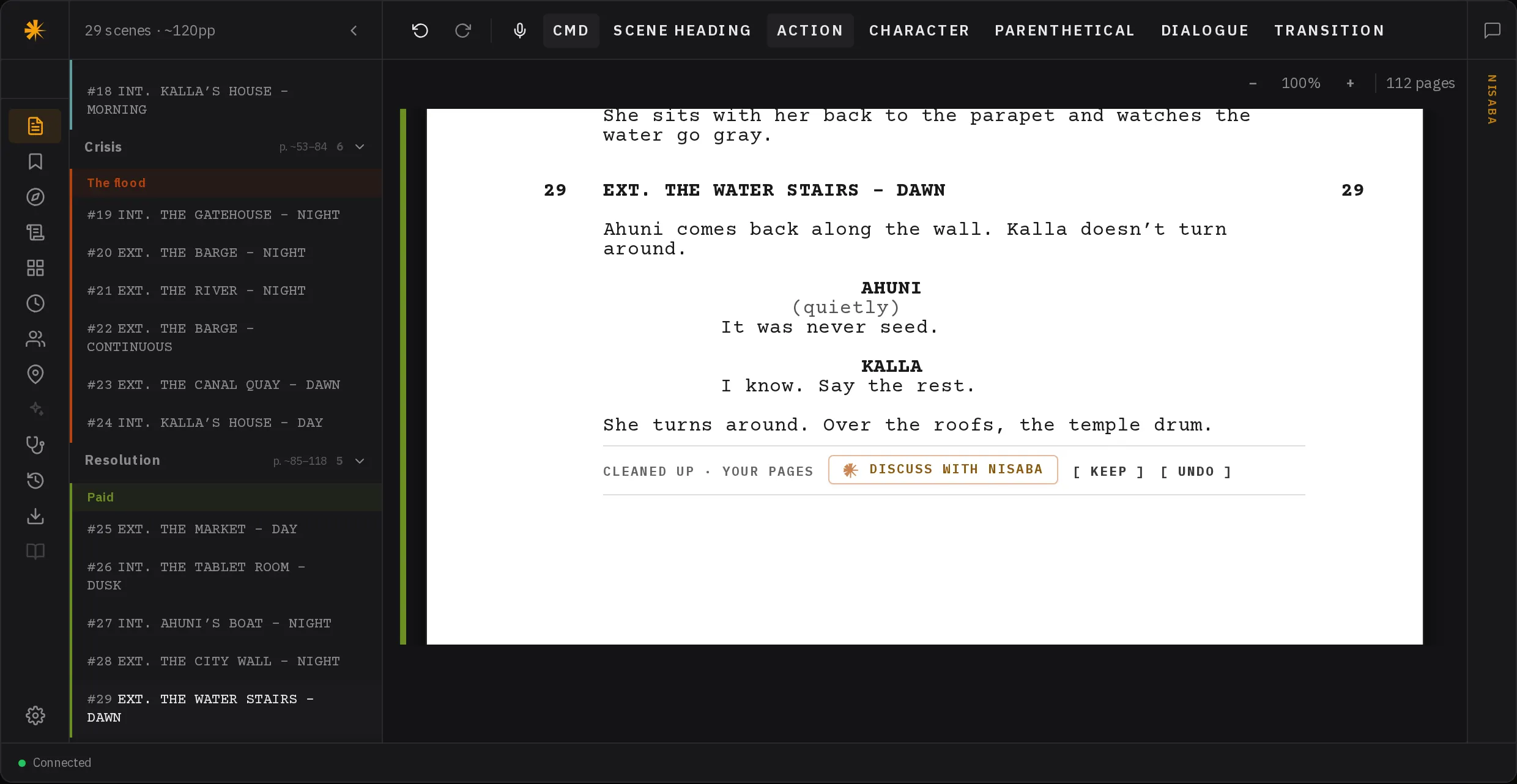 The editor with two modes: speaking scene 29 into the page, and a vomit draft cleaned into scenes 10 and 11.