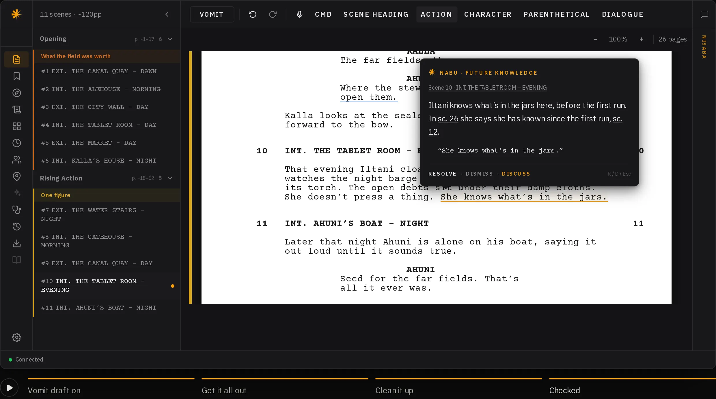 The editor with two modes: speaking scene 29 into the page, and a vomit draft cleaned into scenes 10 and 11.